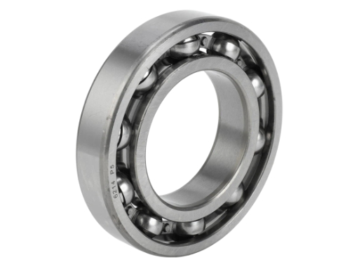 6214 Open Ball Bearing showing exposed steel balls and cage for efficient oil circulation and low starting torque