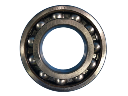 6213 Open Ball Bearing showing unshielded steel balls and raceways for maximum oil flow and low friction