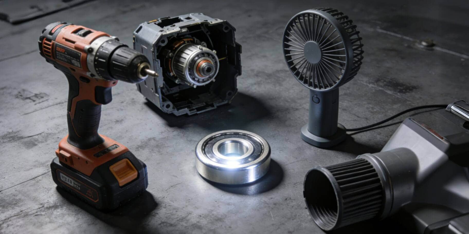 Small motor deep groove ball bearing applications in power tools and home appliances 608 bearing used in cordless drill, fan, and vacuum cleaner motors Industrial application of small bearings: electric drill, handheld fan, and vacuum cleaner