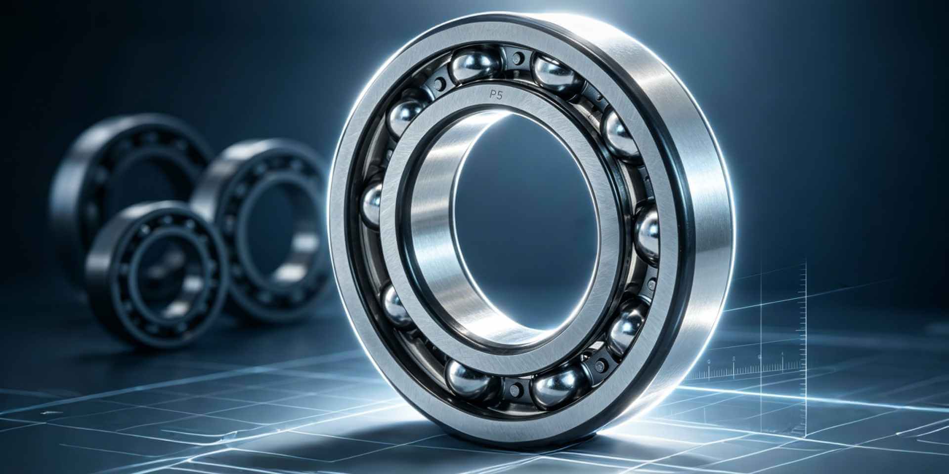 A technical diagram comparing P0, P6, and P5 bearing precision grades and radial runout tolerances.
