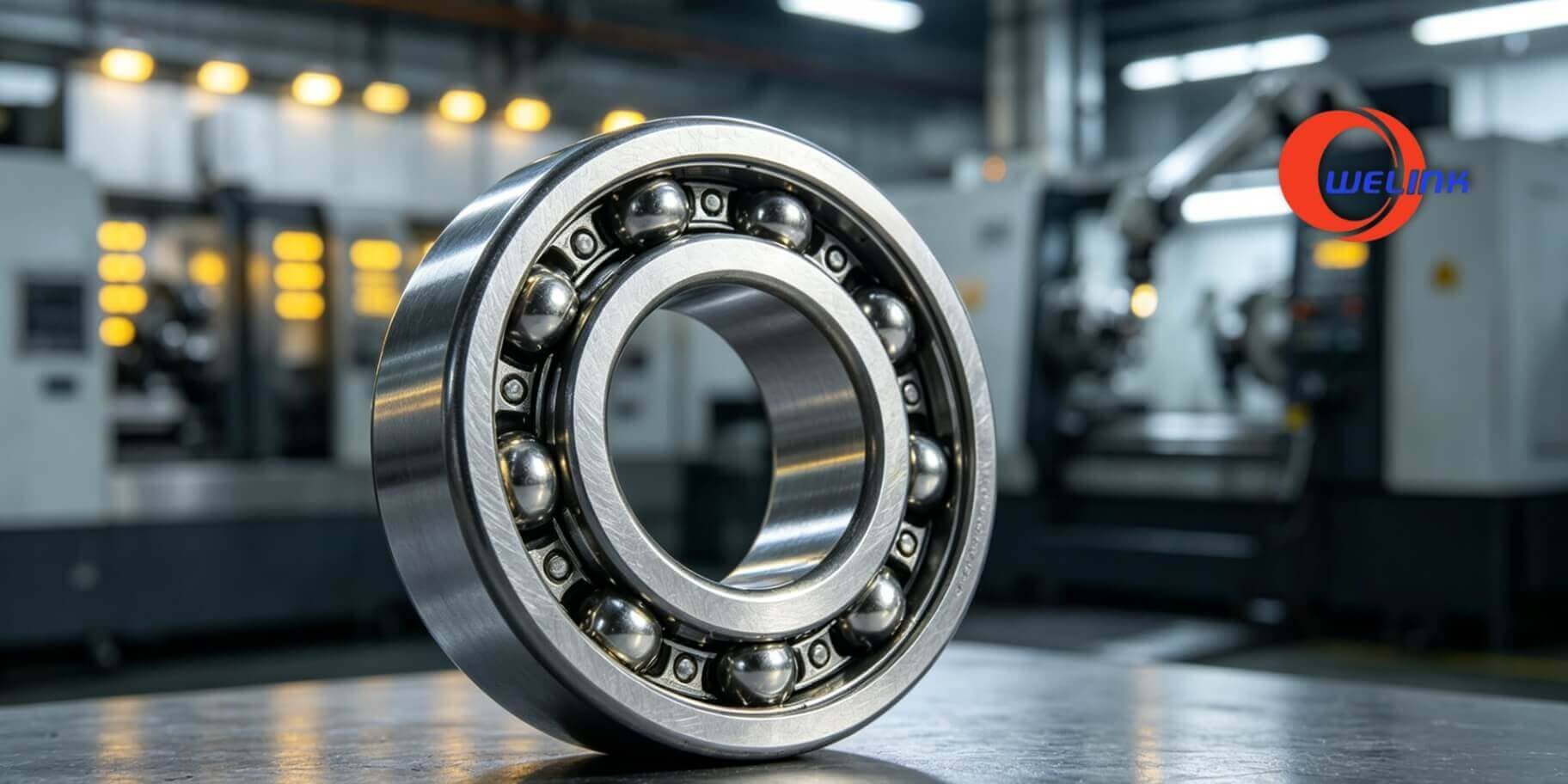 Ultra-precise deep groove ball bearing with inner steel balls and raceway visible, showcasing premium manufacturing quality in a CNC workshop environment.
