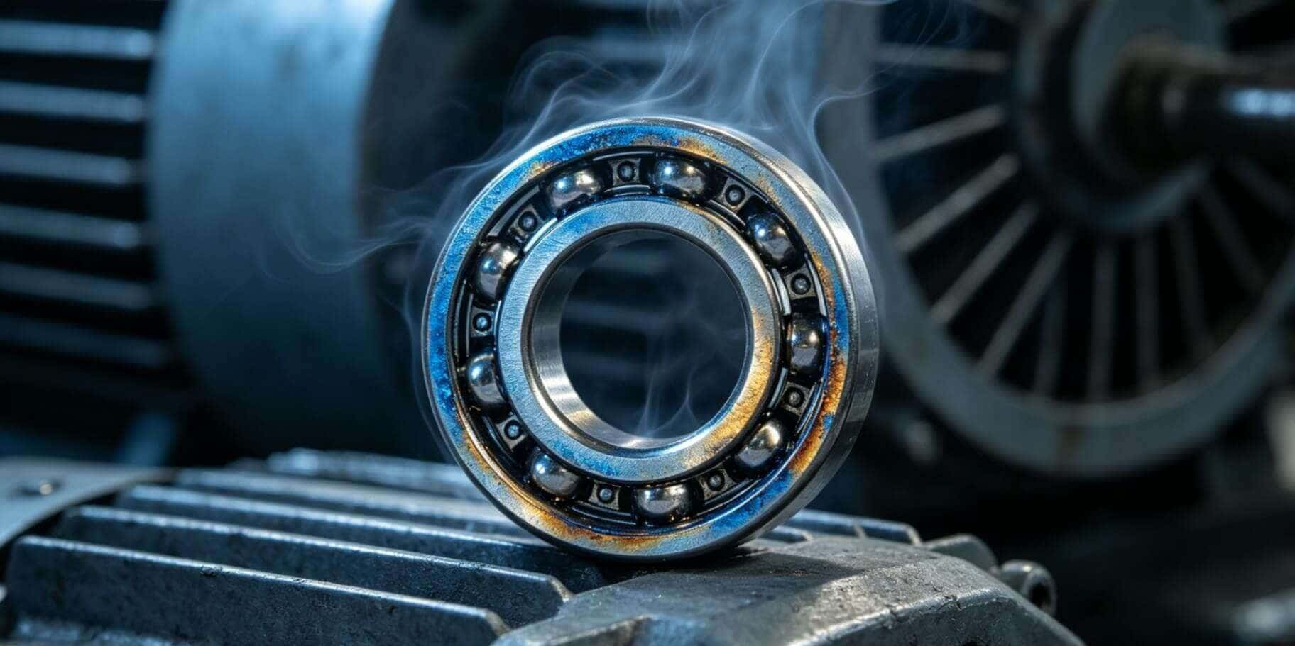 Macro photo of an overheated small ball bearing with blue and gold heat discoloration, illustrating common motor failure causes.