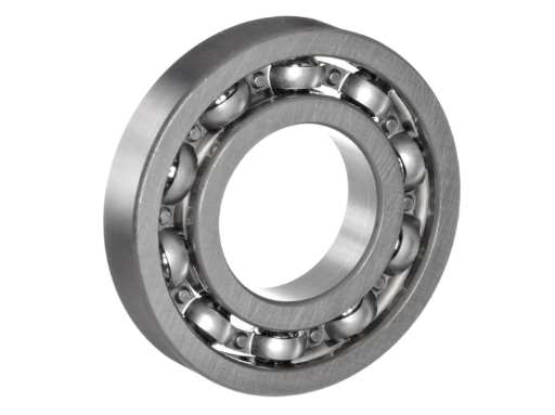 Close up of 6209 stamped steel cage and rolling elements designed for low friction fluid pumps and HVAC fan systems