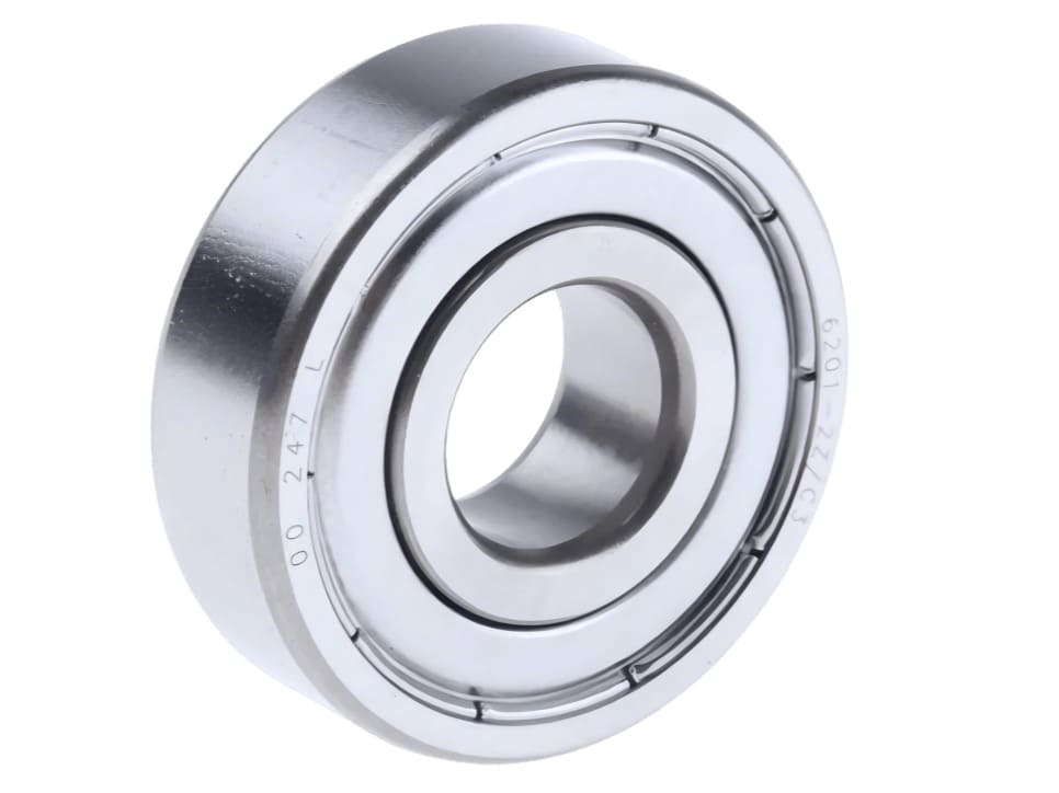 6201-ZZ Deep Groove Ball Bearing showing Double Metal Shields for Industrial Motor Protection Pressed Steel ZZ Shield construction on 6201-ZZ Bearing for Contaminant Exclusion and Grease Retention Precision 12x32x10 mm 6201-ZZ Bearing next to Metric Scale