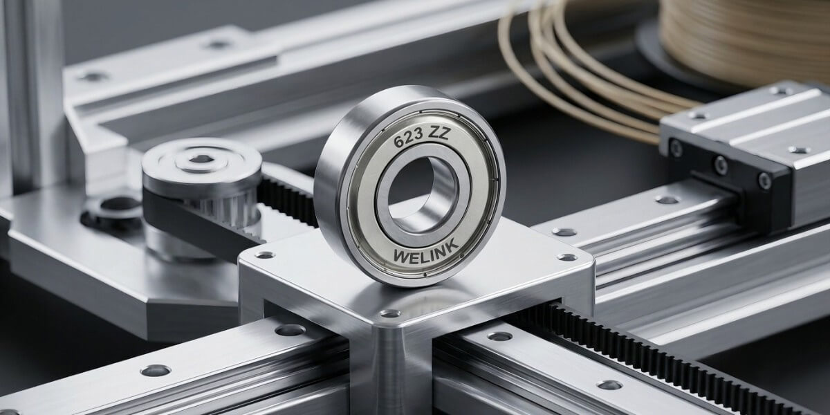 Close-up of a high-precision Welink 623 ZZ miniature ball bearing on a 3D printer motion system. Close-up of a high-precision Welink 623 ZZ miniature ball bearing on a 3D printer motion system.