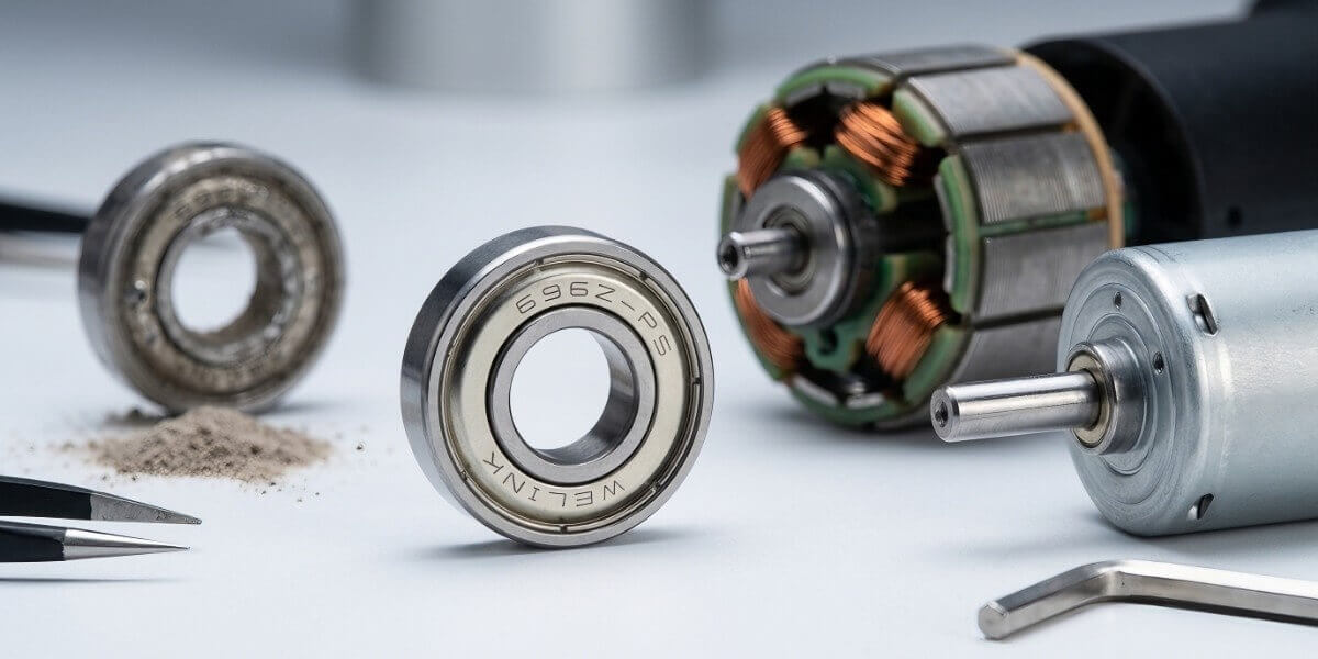 Welink 696ZZ miniature deep groove ball bearing alongside high-speed brushless DC motor components and workshop dust. Welink 696ZZ miniature deep groove ball bearing alongside high-speed brushless DC motor components and workshop dust.