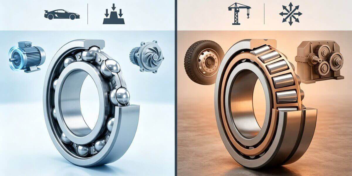 Comparison diagram of a deep groove ball bearing for high-speed applications and a tapered roller bearing for heavy loads Comparison diagram of a deep groove ball bearing for high-speed applications and a tapered roller bearing for heavy loads