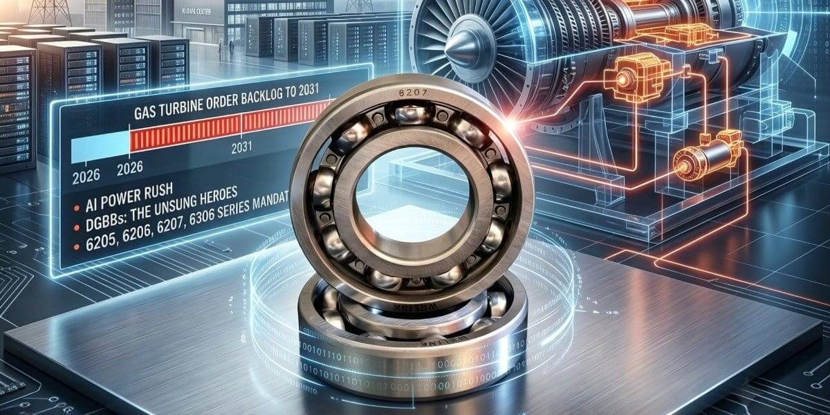 Welink 6207 deep groove ball bearing showcased in front of a high-tech AI data centre and a holographic gas turbine blueprint, highlighting the 2031 turbine order backlog Welink 6207 deep groove ball bearing showcased in front of a high-tech AI data centre and a holographic gas turbine blueprint, highlighting the 2031 turbine order backlog