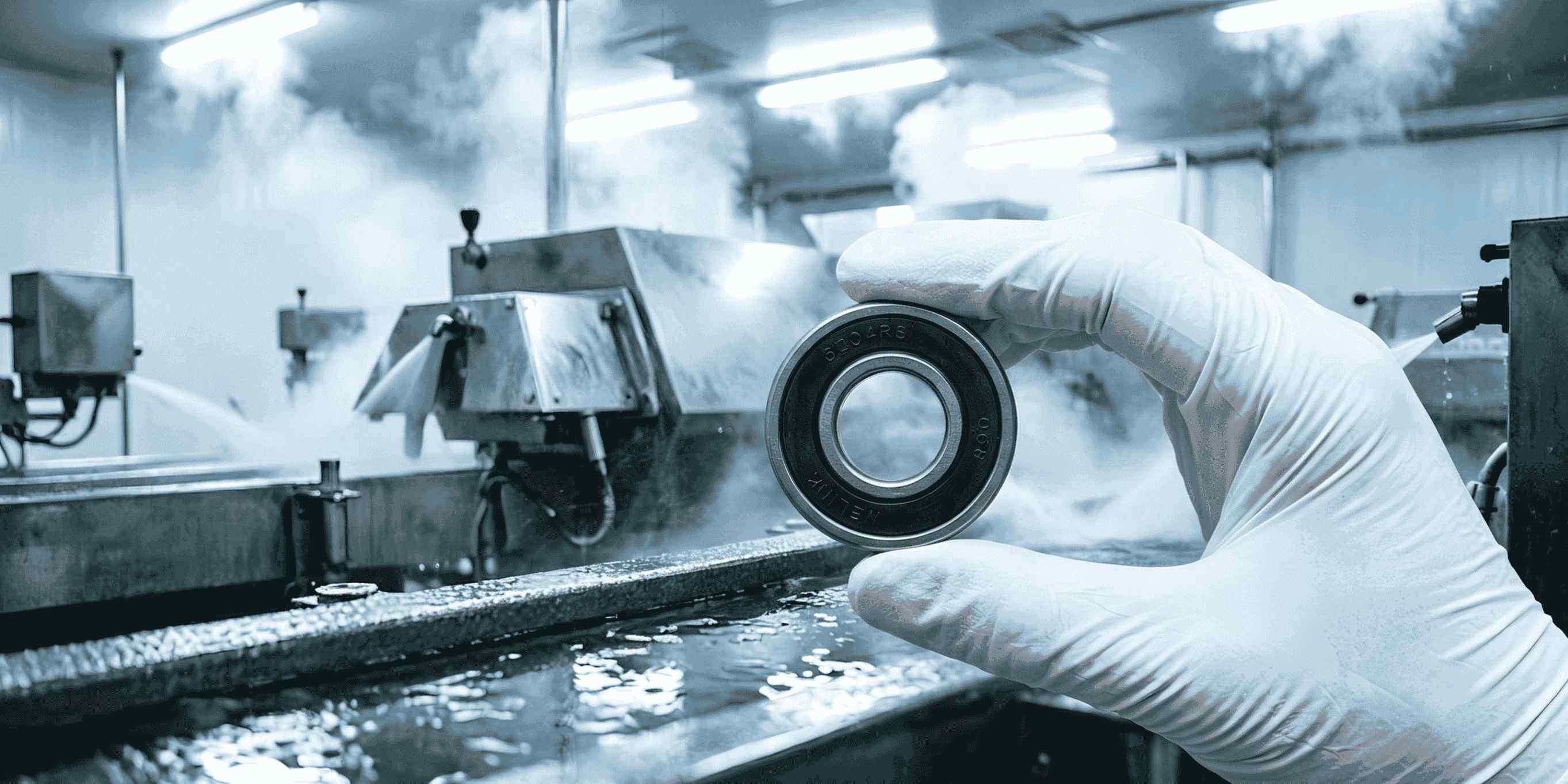 A gloved hand holding a Welink 6204RS food-grade bearing in a steamy, wet food processing environment.