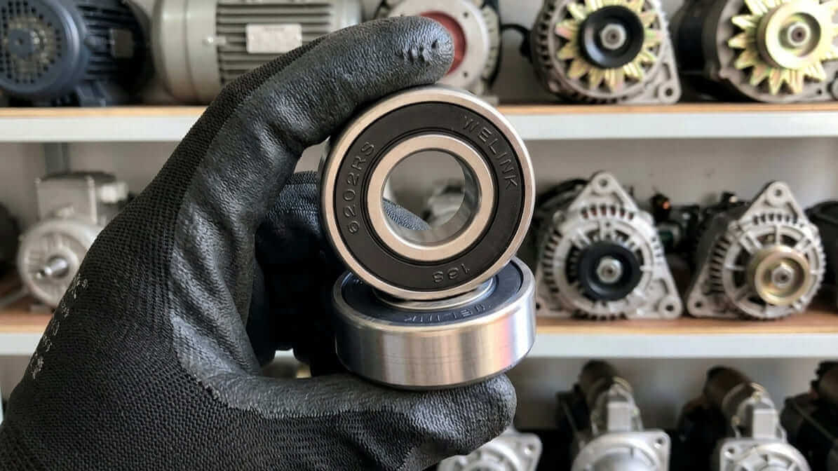 Gloved hand holding two WELINK 6202RS bearings with electric motors and alternators in the background