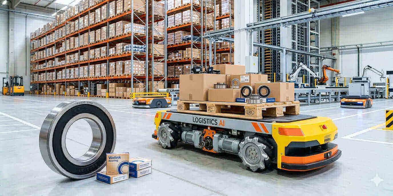 AGV operating in a modern smart warehouse with deep groove ball bearing AGV operating in a modern smart warehouse with deep groove ball bearing
