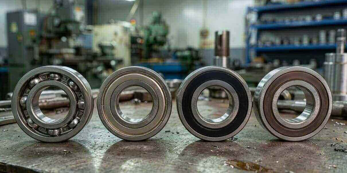 Four types of deep groove ball bearings (OPEN, ZZ, 2RS, 2RZ) displayed on a desk in a factory setting by Welink Bearing. Four types of deep groove ball bearings (OPEN, ZZ, 2RS, 2RZ) displayed on a desk in a factory setting by Welink Bearing.