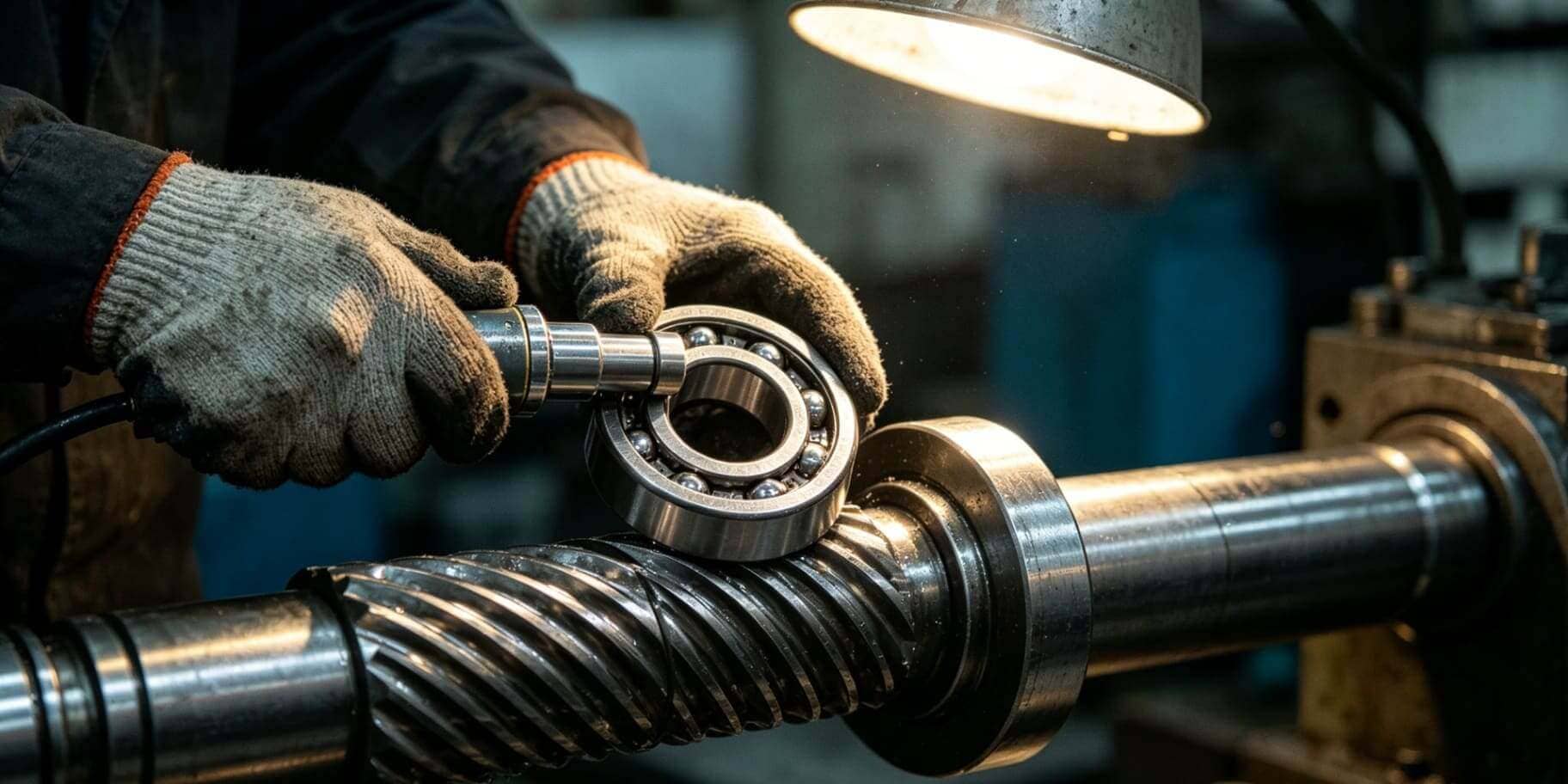 A gloved technician pressing a deep groove ball bearing onto a metal shaft using a hydraulic press, with the tool contacting only the inner ring — correct bearing installation technique demonstrated by Welink Bearing. A gloved technician pressing a deep groove ball bearing onto a metal shaft using a hydraulic press, with the tool contacting only the inner ring — correct bearing installation technique demonstrated by Welink Bearing.