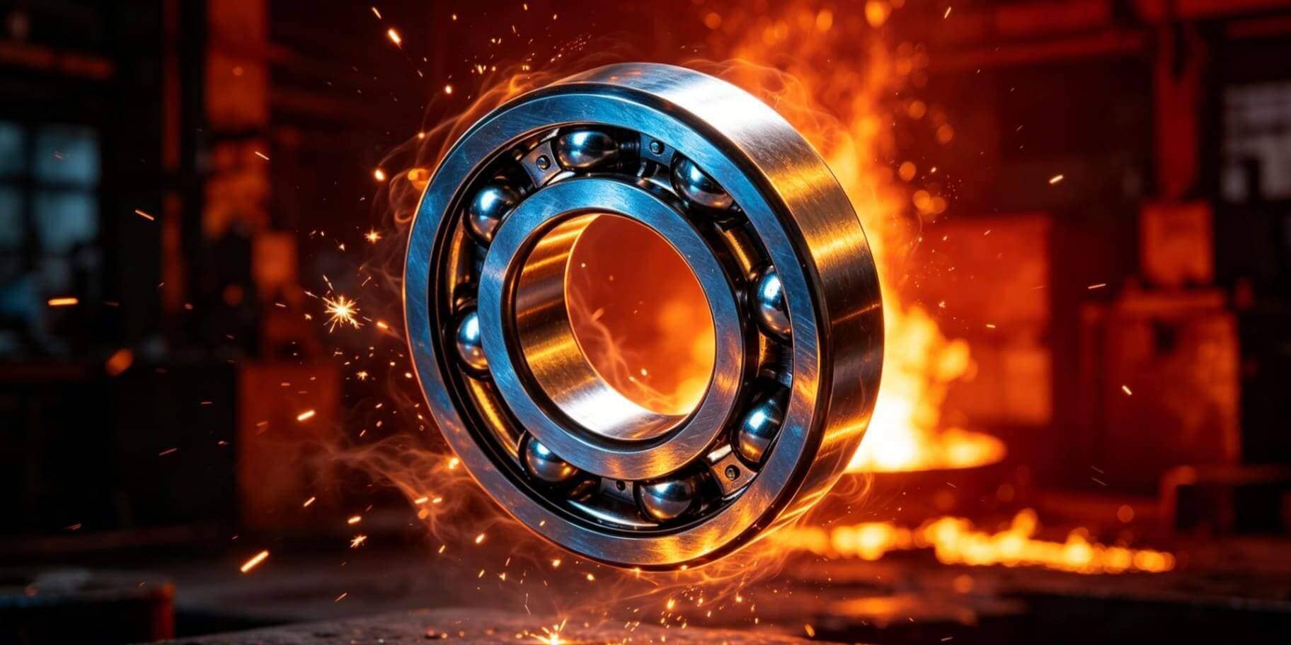 Deep groove ball bearing with blue and gold temper colors glowing under extreme industrial heat, surrounded by floating sparks and heat waves in a smelting environment Deep groove ball bearing with blue and gold temper colors glowing under extreme industrial heat, surrounded by floating sparks and heat waves in a smelting environment
