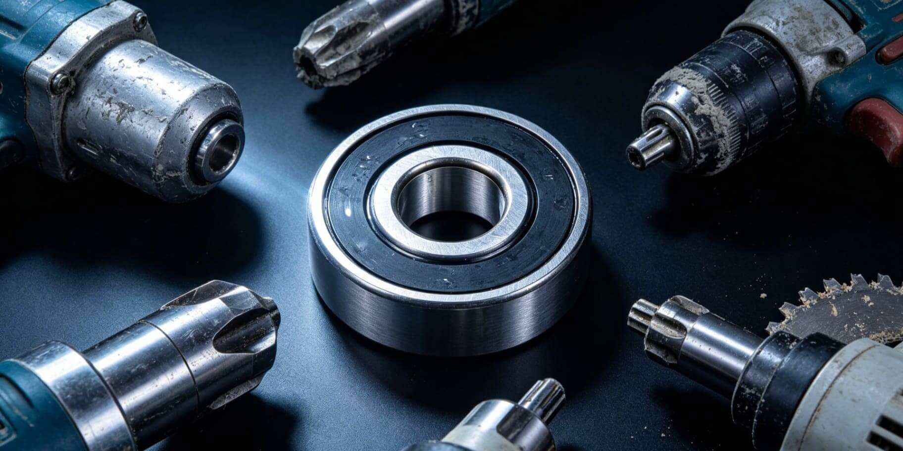 Macro photography of a high-precision deep groove ball bearing with a 2RS black rubber seal, surrounded by heavy-duty power tool parts including an angle grinder head, hammer drill chuck, and circular saw blade on a dark industrial background. Macro photography of a high-precision deep groove ball bearing with a 2RS black rubber seal, surrounded by heavy-duty power tool parts including an angle grinder head, hammer drill chuck, and circular saw blade on a dark industrial background.
