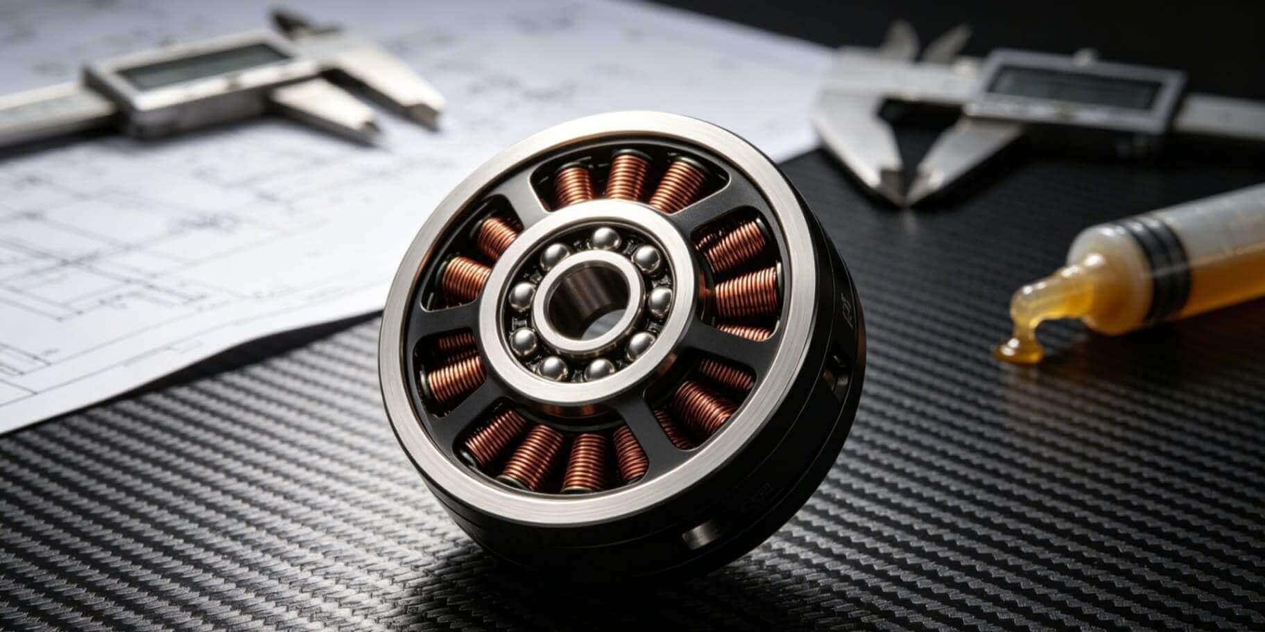 Close-up of a precision miniature deep groove ball bearing installed in a high-performance brushless drone motor on a carbon fiber workbench.
