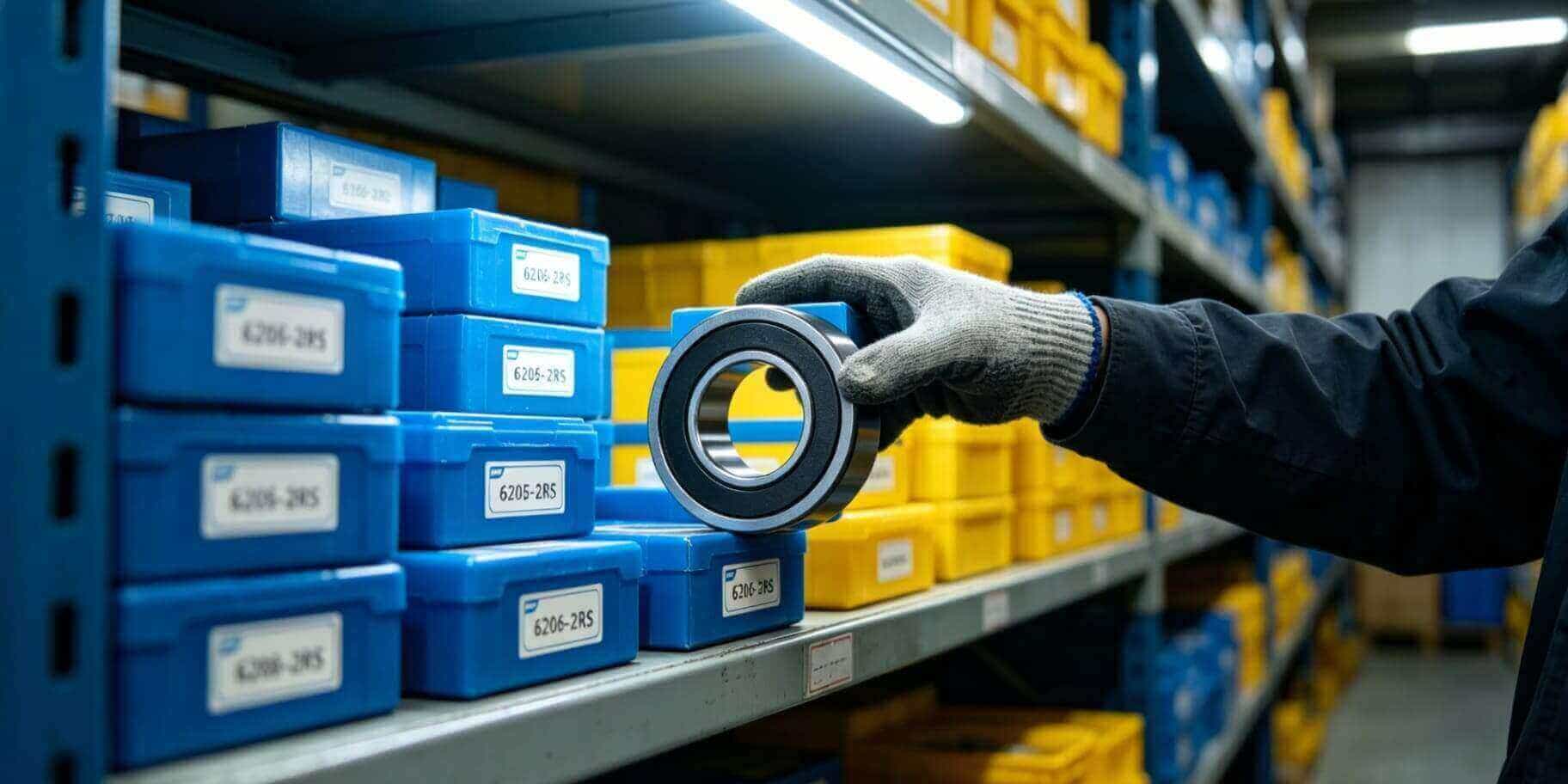 A warehouse worker picking up a box of 6205-2RS rubber-sealed pump bearings from an organized industrial shelf.