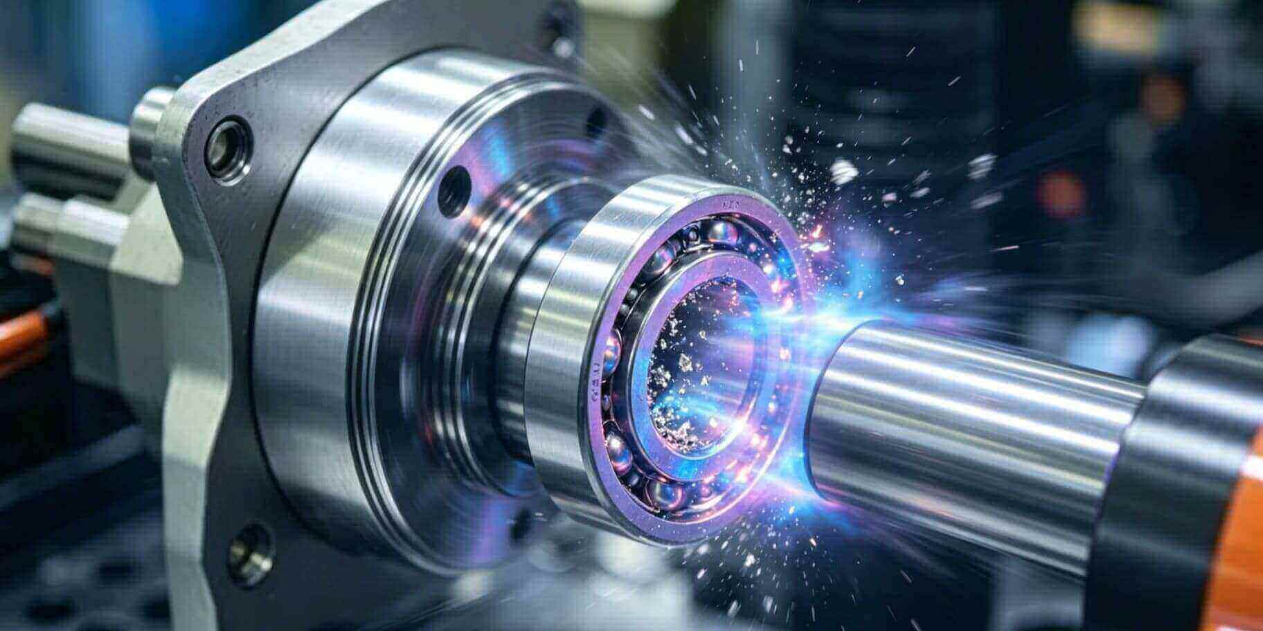 Damaged deep groove ball bearing wrongly installed on a vibrating high-precision CNC spindle, showing metal shavings and heat discoloration. Damaged deep groove ball bearing wrongly installed on a vibrating high-precision CNC spindle, showing metal shavings and heat discoloration.