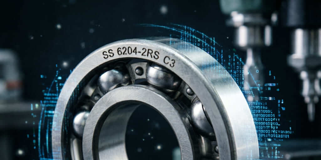 Macro shot of an SS 6204-2RS C3 stainless steel deep groove ball bearing with laser-engraved part number and digital data overlay for decoding guide. Macro shot of an SS 6204-2RS C3 stainless steel deep groove ball bearing with laser-engraved part number and digital data overlay for decoding guide.