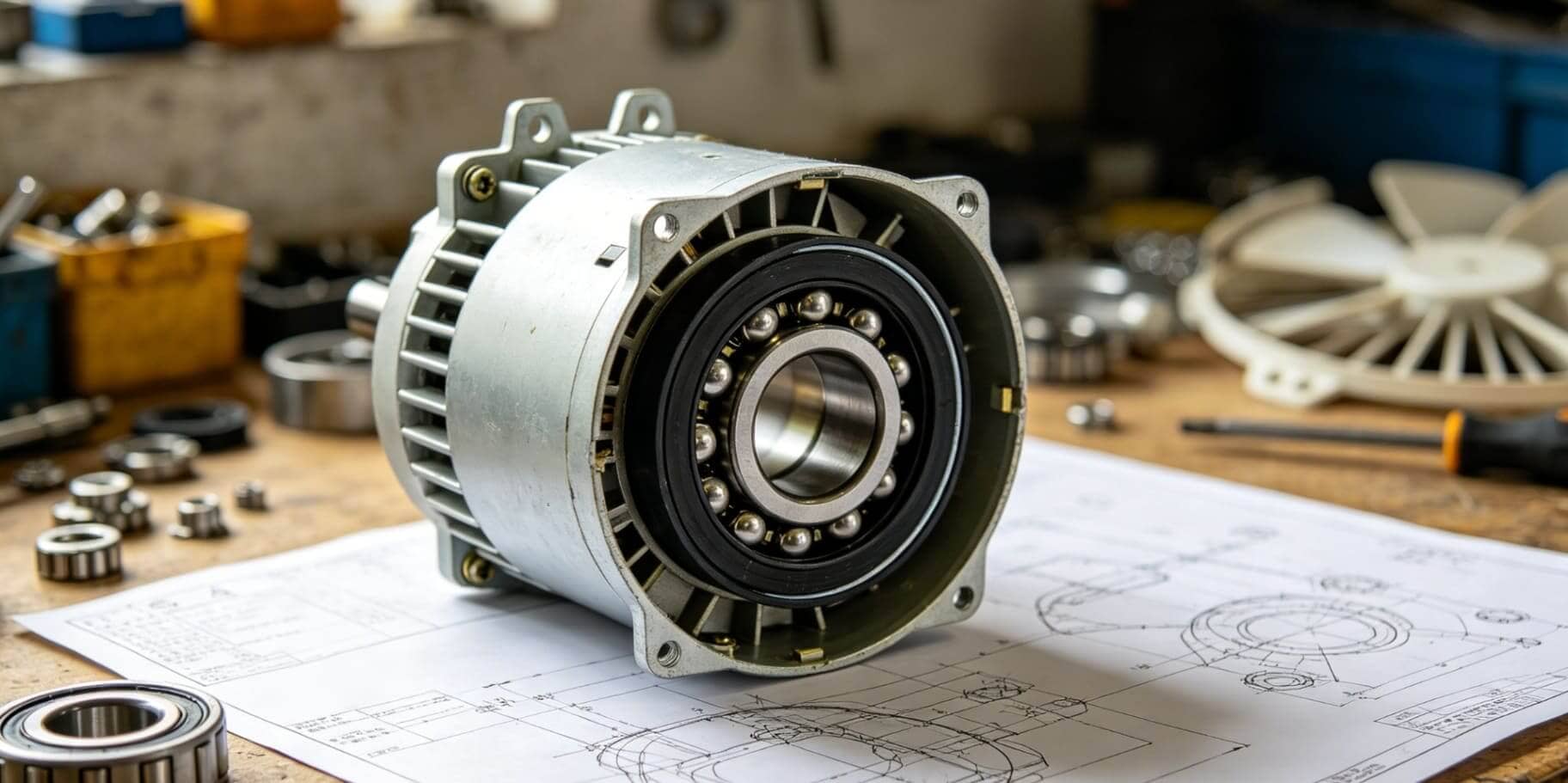 Cross-section of a household fan motor showing a sealed deep groove ball bearing for motor bearing selection Cross-section of a household fan motor showing a sealed deep groove ball bearing for motor bearing selection